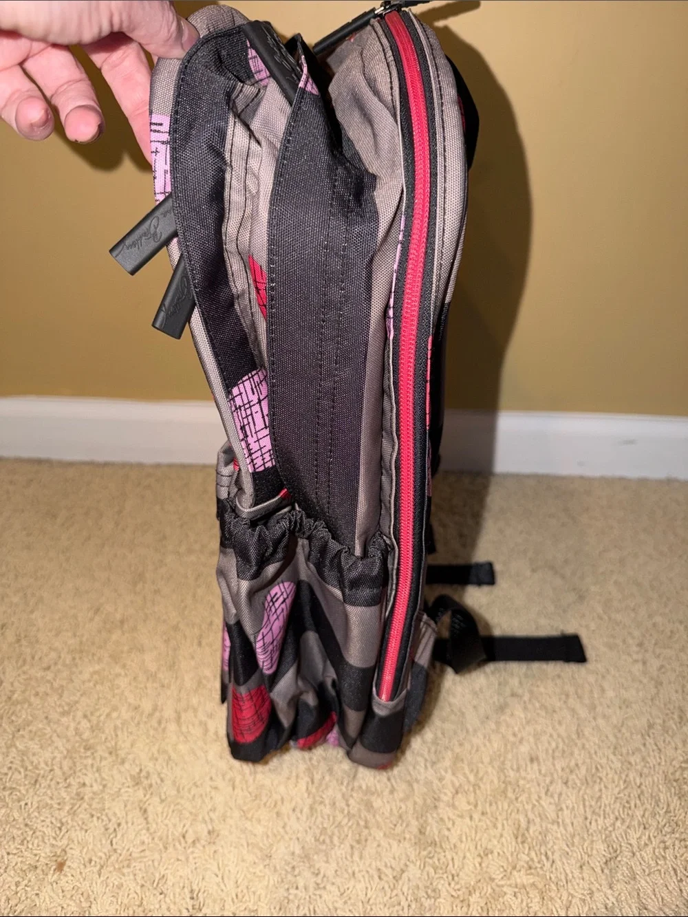 Vera Bradley Black & Gray Striped Backpack with Pink and Red Dot Pattern